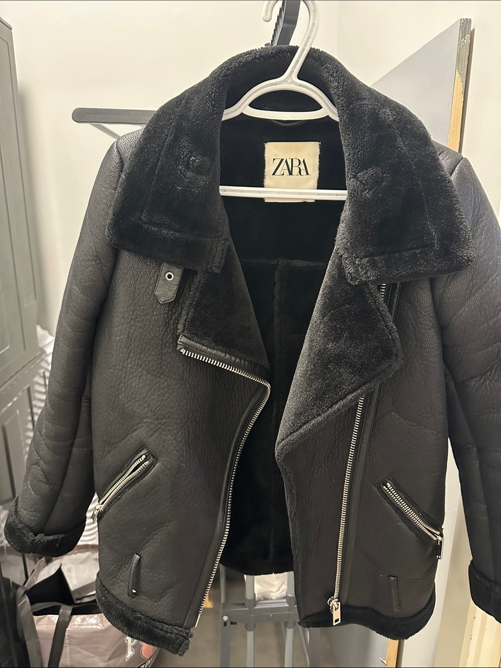 ZARA Black Faux Shearling Biker Jacket